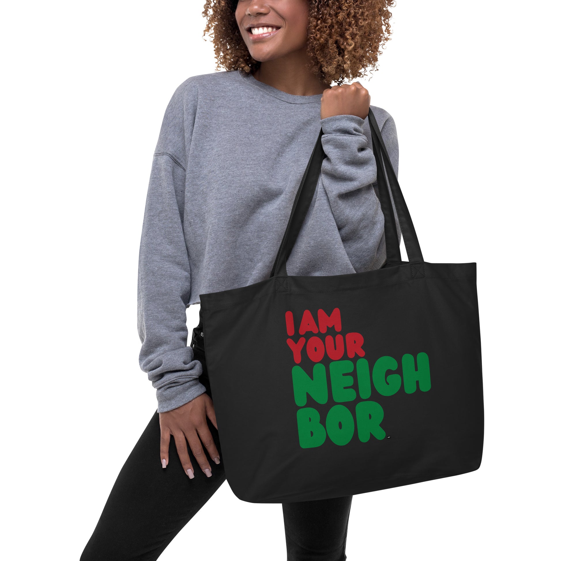 I Am Your Neighbor in Black Jumbo Black Tote Bag - The APWT Gift Shop