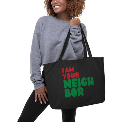 I Am Your Neighbor in Black Jumbo Black Tote Bag - The APWT Gift Shop