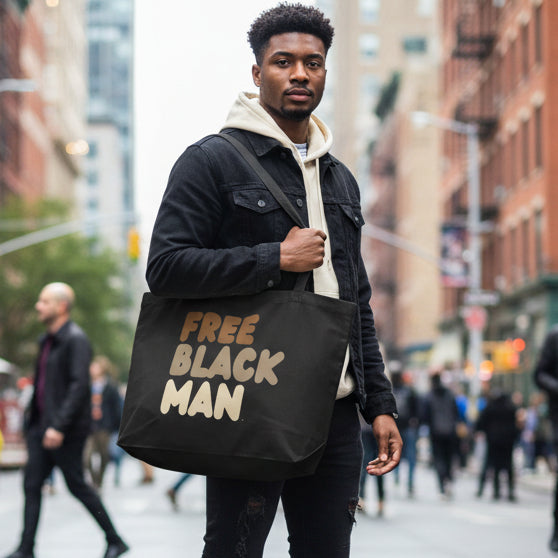 Person holding a black tote bag with 'FREE BLACK MAN' text on a white background