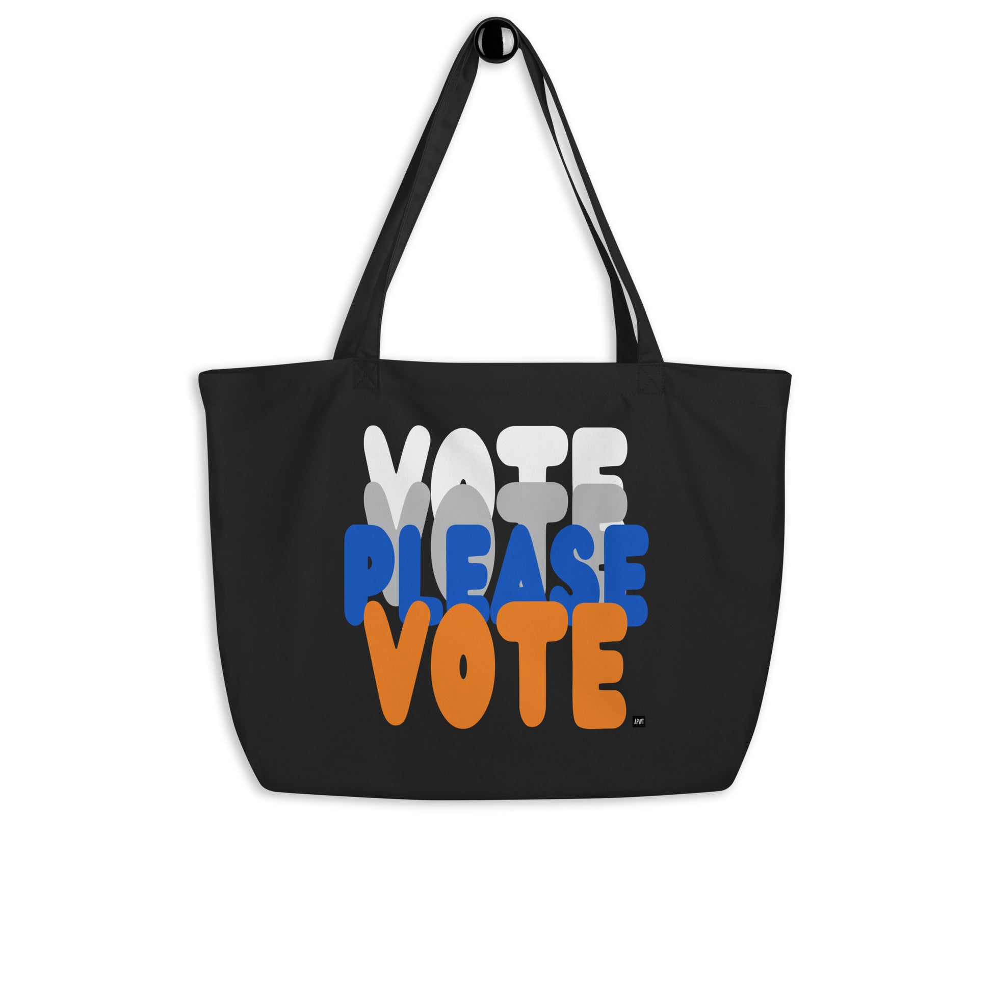 The APWT Gift Shop's Please Vote in Blue and Orange Jumbo Tote Bag from the APWT Gift Shop in Black