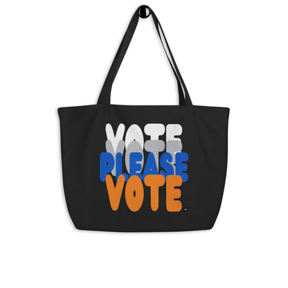 The APWT Gift Shop's Please Vote in Blue and Orange Jumbo Tote Bag from the APWT Gift Shop in Black