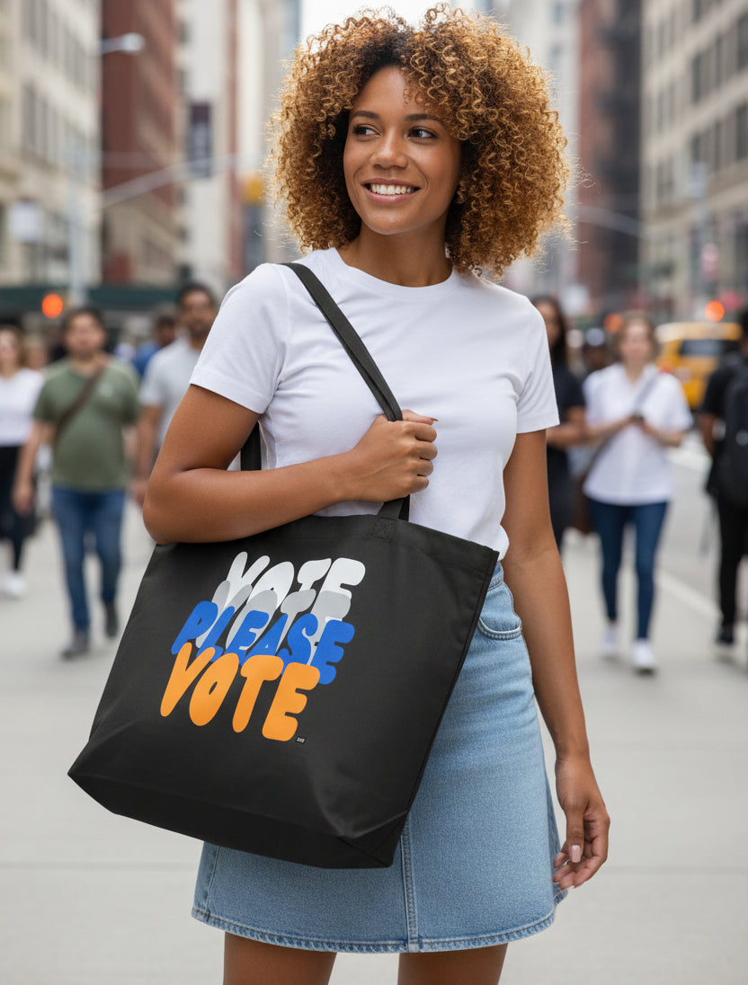 Woman wearing the APWT Gift Shop's Please Vote in Blue and Orange Jumbo Tote Bag from the APWT Vote Shop in Black