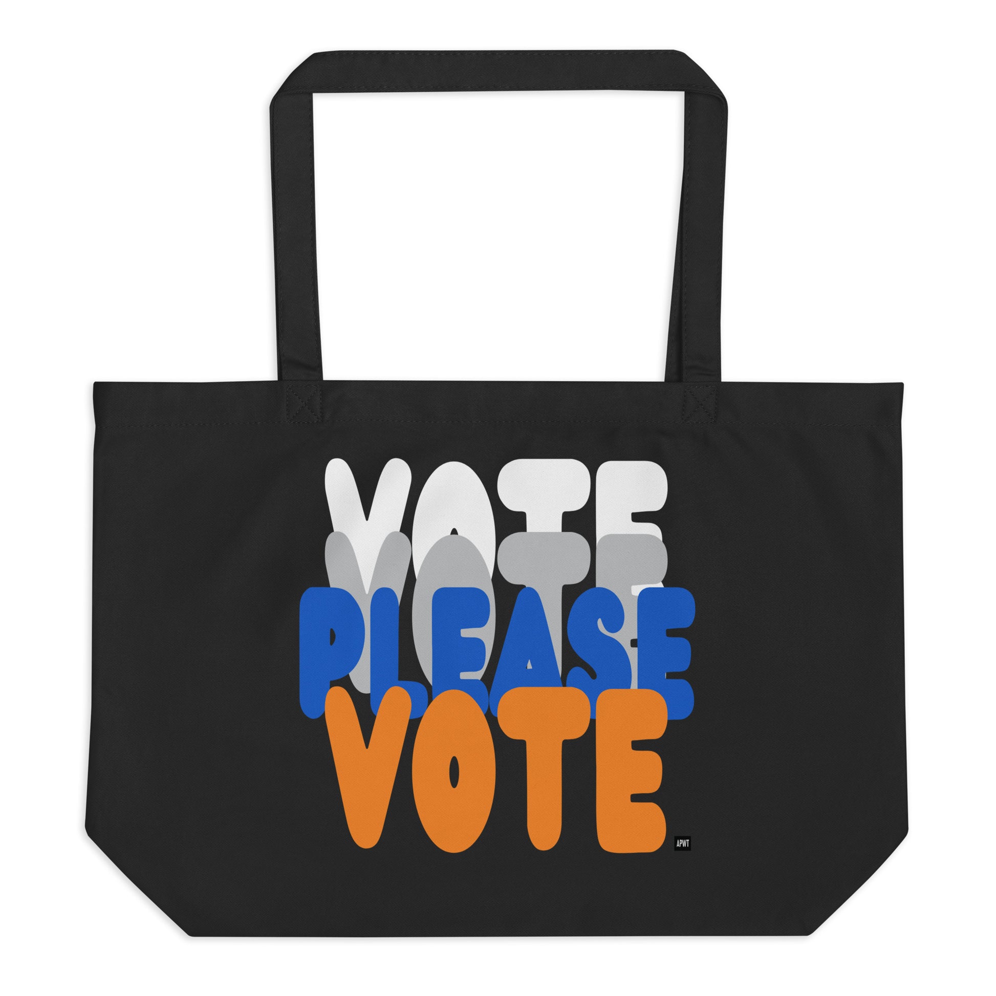 The APWT Gift Shop's Please Vote in Blue and Orange Jumbo Tote Bag from the APWT Gift Shop in Black - Flat image