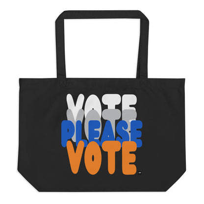 The APWT Gift Shop's Please Vote in Blue and Orange Jumbo Tote Bag from the APWT Gift Shop in Black - Flat image