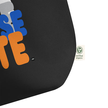 The APWT Gift Shop's Please Vote in Blue and Orange Jumbo Tote Bag from the APWT Gift Shop in Black - Picture of Organic Cotton Tag