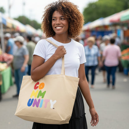 Woman carrying the APWT Gift Shop's Rainbow Community Jumbo Tote Bag from the Pride in the APWT Gift Shop Collection
