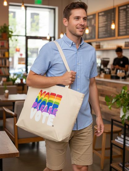 Man walking into a cafe carrying the APWT Gift Shops Please Vote in Color Jumbo Tote Bag