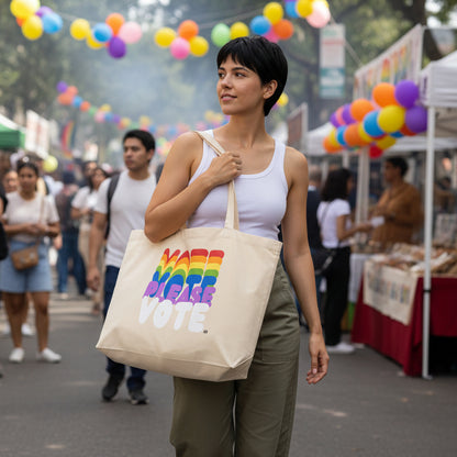 Woman walking around a street festival carrying the APWT Gift Shops Please Vote in Color Jumbo Tote Bag