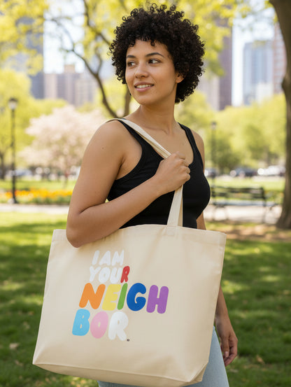 woman carrying the I Am Your Neighbor in Color Jumbo Tote Bag from the Pride in the APWT Gift Shop Collection