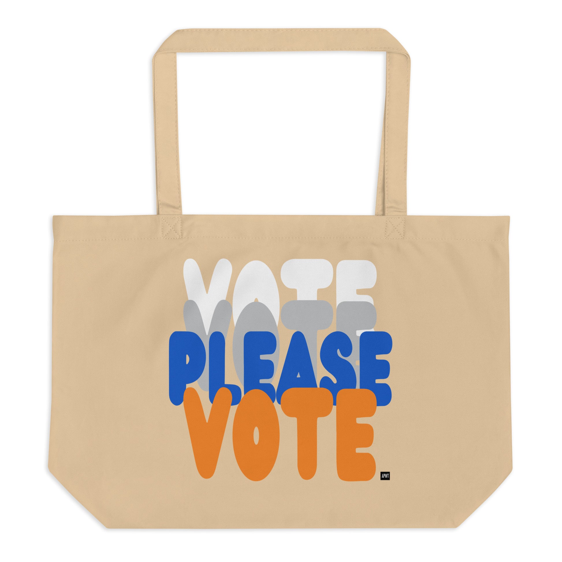The APWT Gift Shop's Please Vote in Blue and Orange Jumbo Tote Bag from the APWT Gift Shop in Natural - Flat image