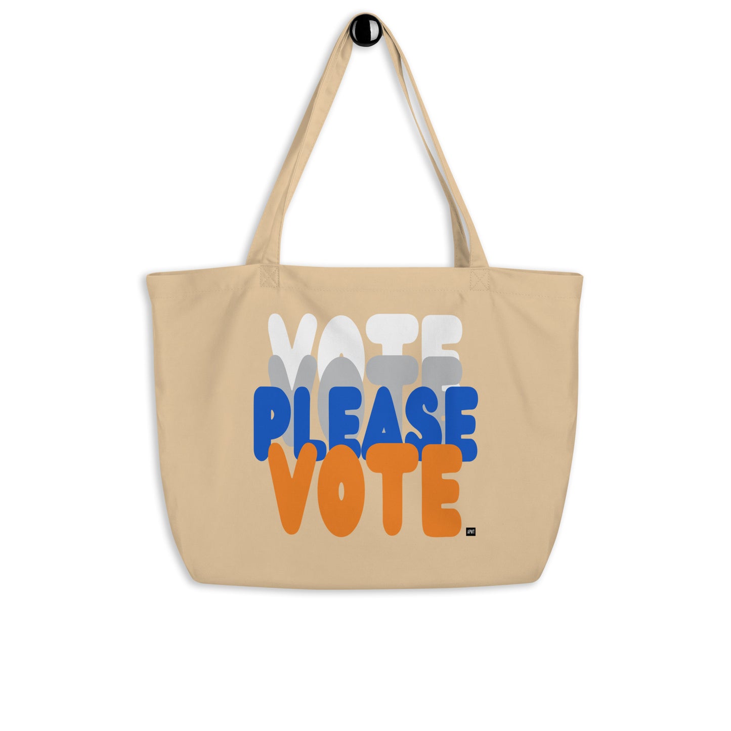 The APWT Gift Shop's Please Vote in Blue and Orange Jumbo Tote Bag from the APWT Gift Shop in Natural