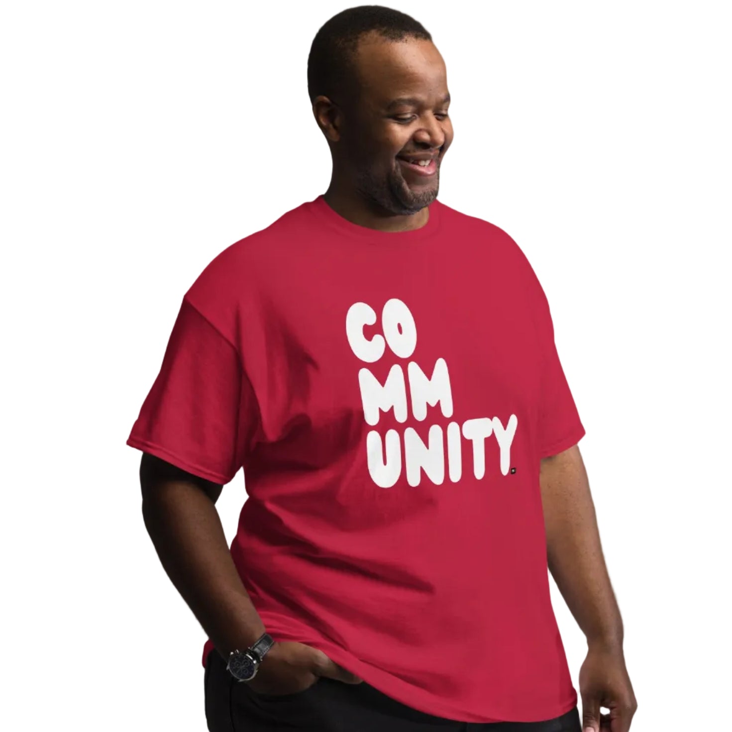 man wearing A Community in Apple Red Unisex T-Shirt from the APWT Gift Shop inclusive sizing