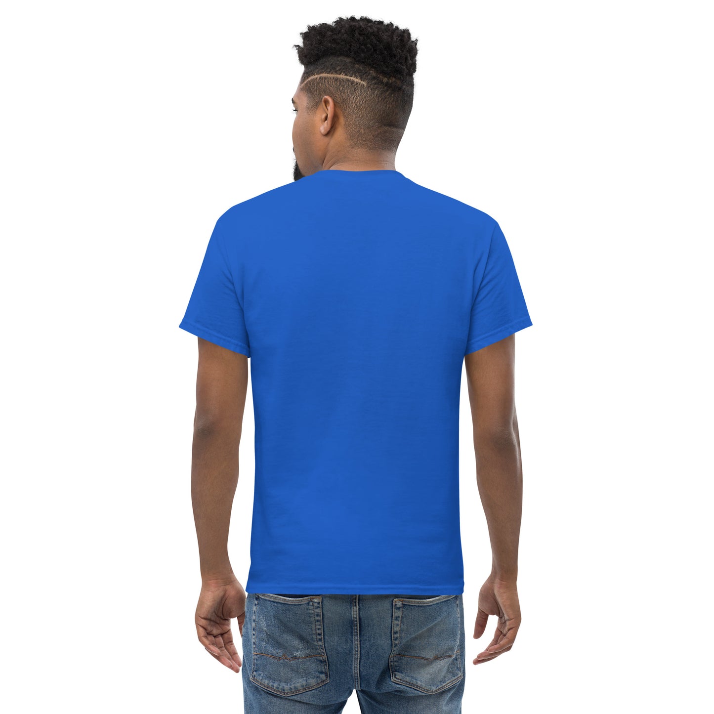 man wearing A Community in Ocean Blue Unisex T-Shirt from the APWT Gift Shop back