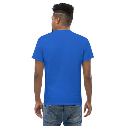 man wearing A Community in Ocean Blue Unisex T-Shirt from the APWT Gift Shop back