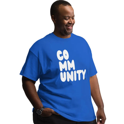man wearing A Community in Ocean Blue Unisex T-Shirt from the APWT Gift Shop inclusive sizing