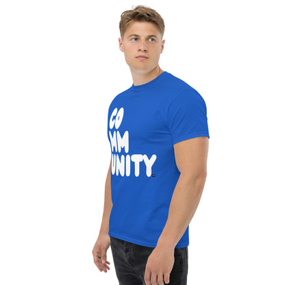 man wearing A Community in Ocean Blue Unisex T-Shirt from the APWT Gift Shop side