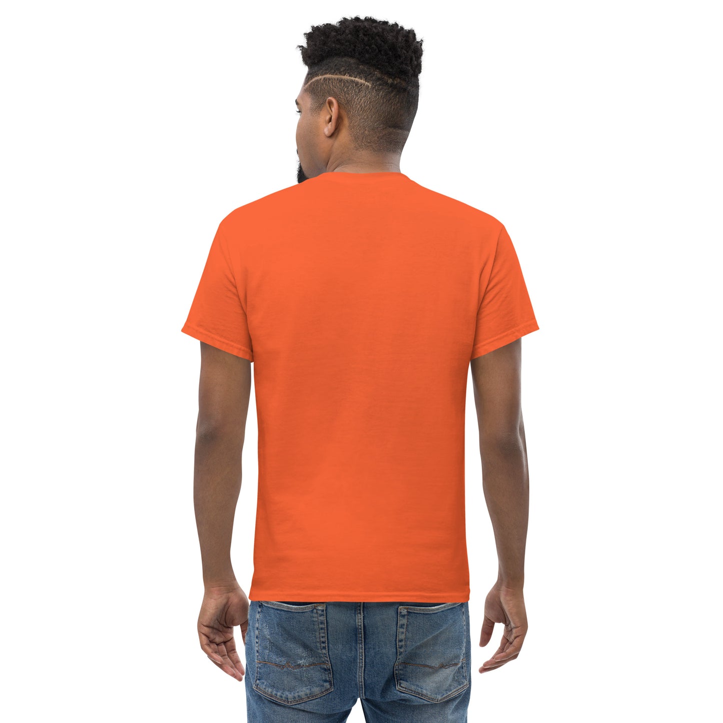 man wearing A Community in Orange Citrus Unisex T-Shirt from the APWT Gift Shop back