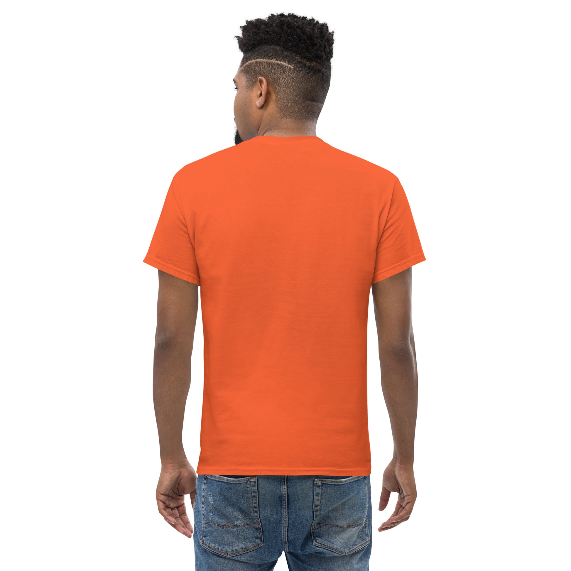man wearing A Community in Orange Citrus Unisex T-Shirt from the APWT Gift Shop back