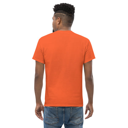 man wearing A Community in Orange Citrus Unisex T-Shirt from the APWT Gift Shop back
