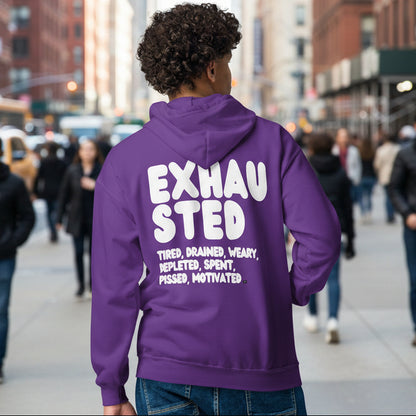 man wearing Exhausted in Purple Unisex Zip-Up Hoodie from the APWT Gift Shop 