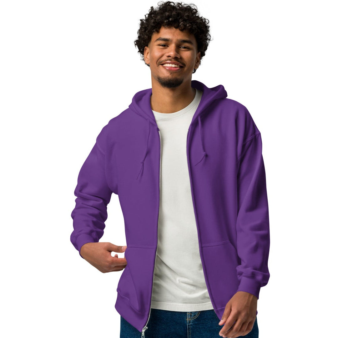 man wearing Exhausted in Purple Unisex Zip-Up Hoodie from the APWT Gift Shop front