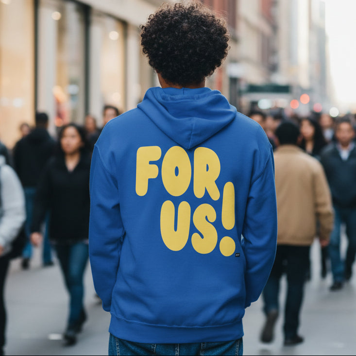 man wearing For Us in Blue and Yellow Unisex Zip-Up Hoodie from the APWT Gift Shop