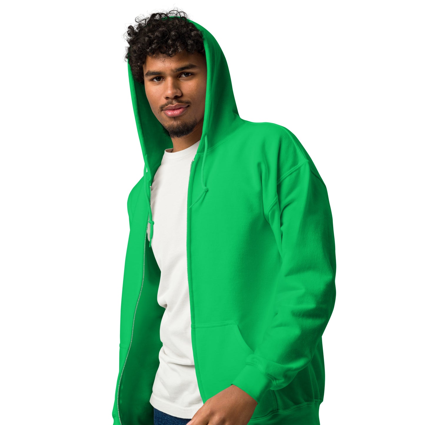 man wearing For Us in Green and Blue Unisex Zip-Up Hoodie - The APWT Gift Shop side