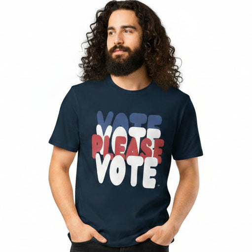 man wearing Please Vote Unisex T-Shirt in Navy Blue