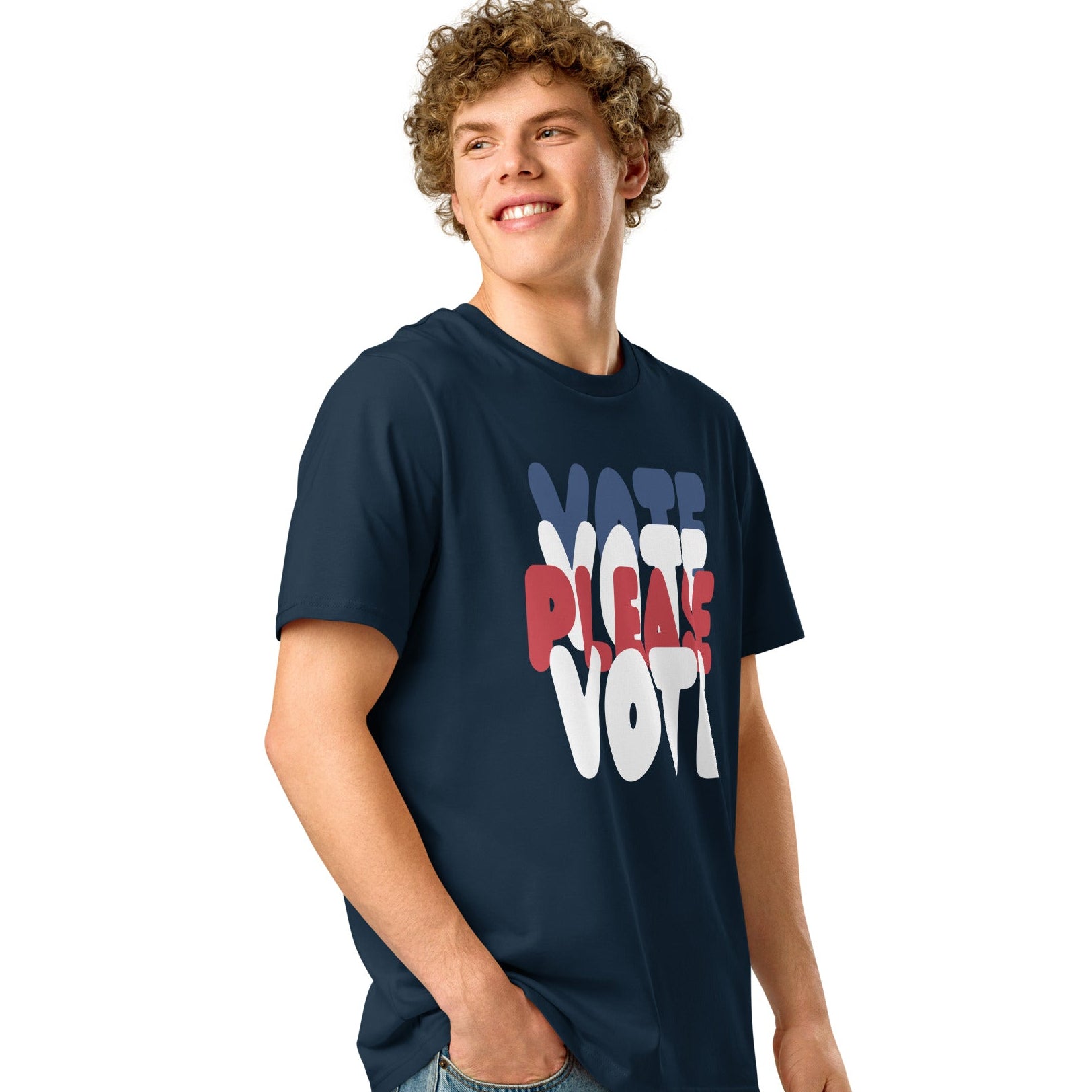 man wearing Please Vote Unisex T-Shirt in Navy Blue side