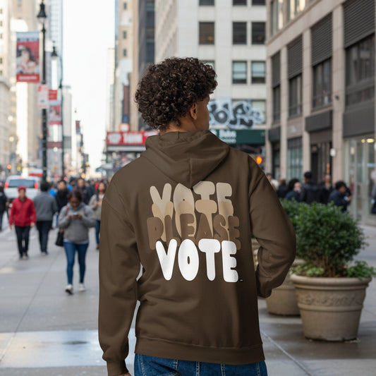 man wearing Please Vote in Brown Love Unisex Zip-Up Hoodie from the APWT Gift Shop