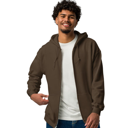 man wearing Please Vote in Brown Love Unisex Zip-Up Hoodie from the APWT Gift Shop front