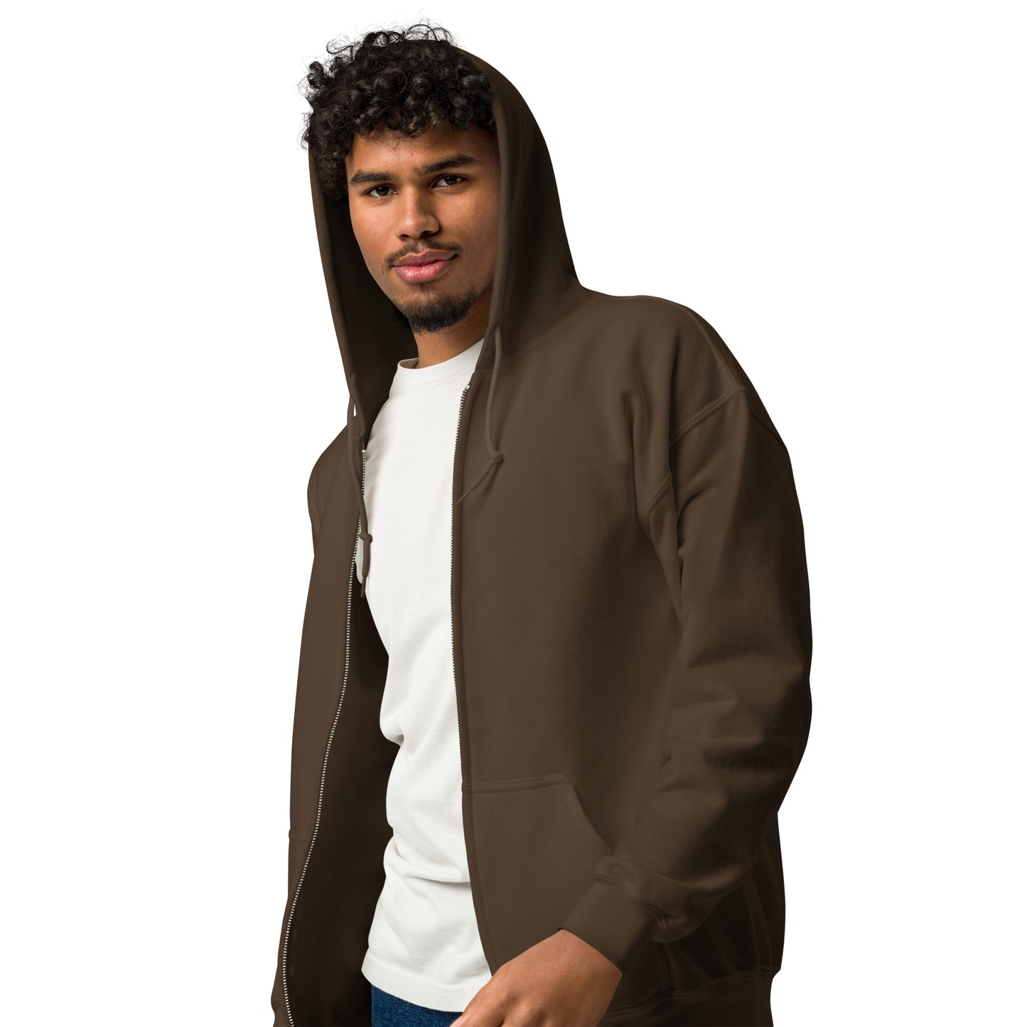 man wearing Please Vote in Brown Love Unisex Zip-Up Hoodie from the APWT Gift Shop side