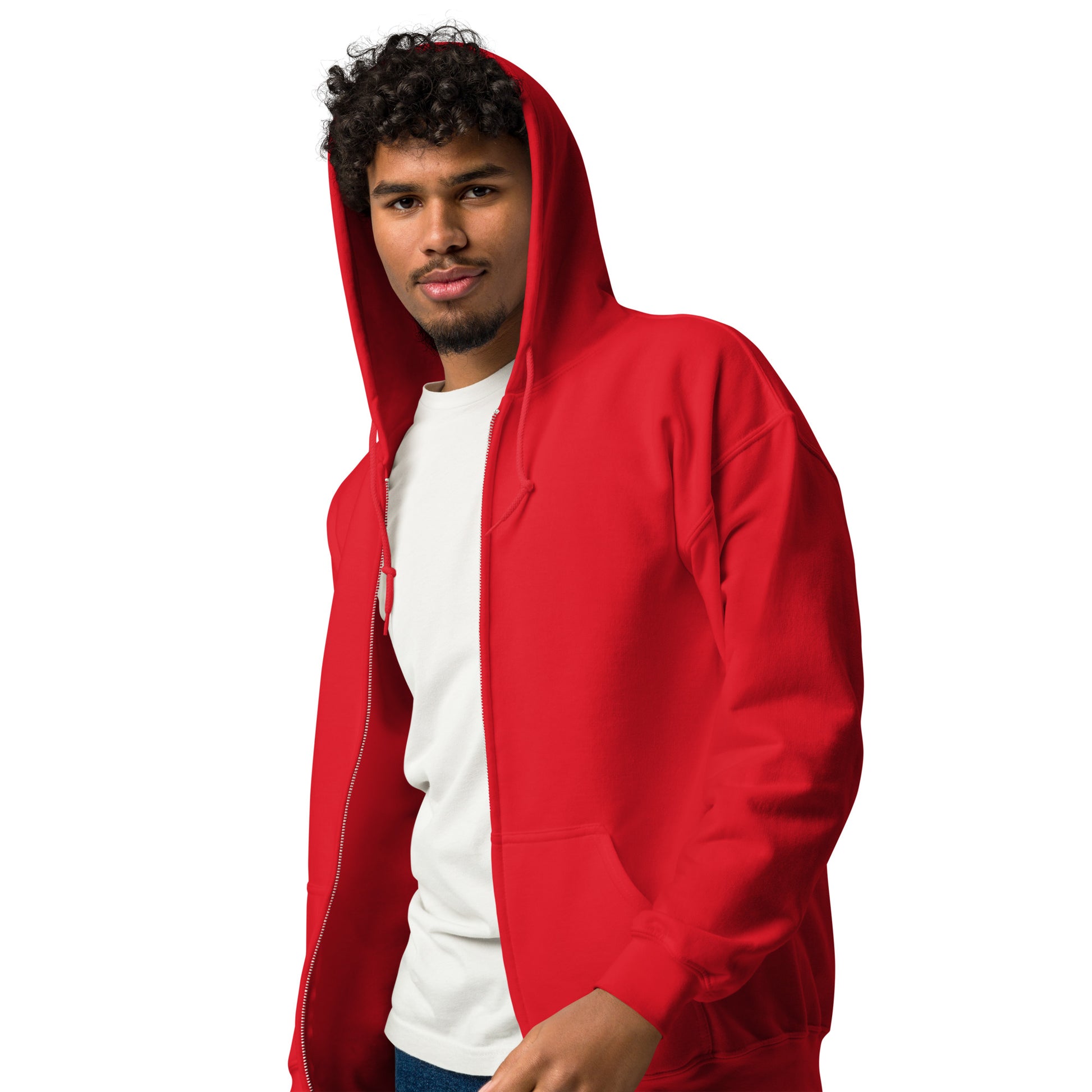 man wearing Please Vote in Cautionary Red Unisex Zip-Up Hoodie from the APWT Gift Shop side