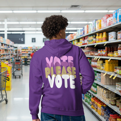 man wearing Please Vote in Purple States Unisex Zip-Up Hoodie from the APWT Gift Shop