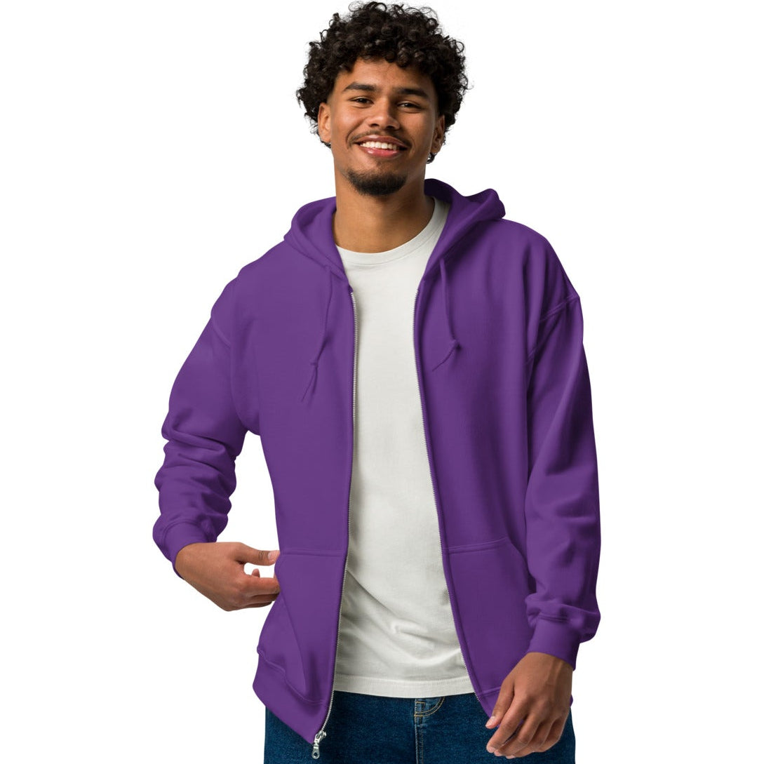 man wearing Please Vote in Purple States Unisex Zip-Up Hoodie from the APWT Gift Shop Front