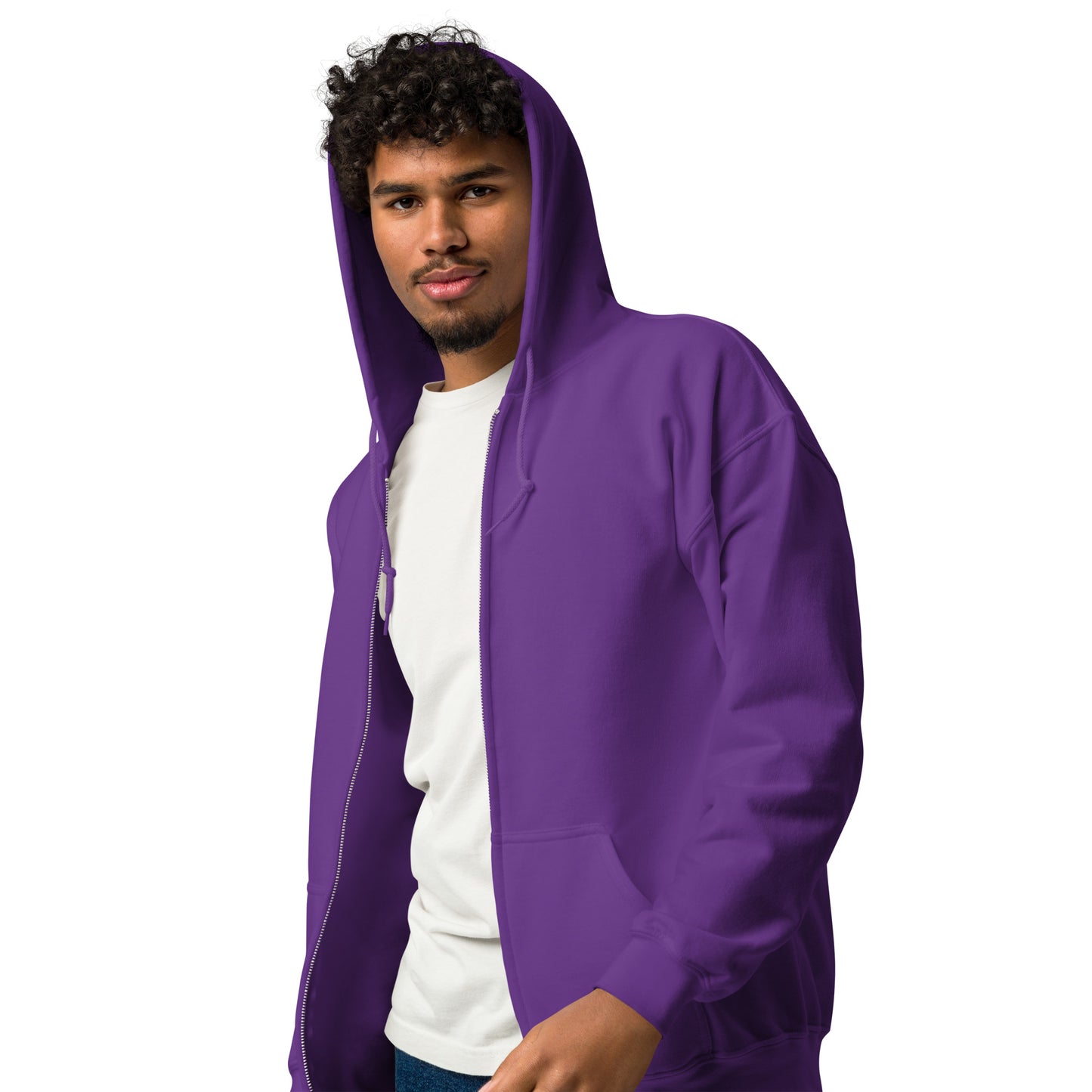 man wearing Please Vote in Purple States Unisex Zip-Up Hoodie from the APWT Gift Shop Side
