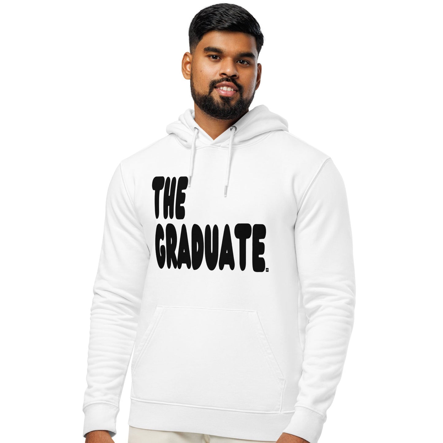 man wearing The Graduate Premium Unisex White Hoodie from the APWT Gift Shop