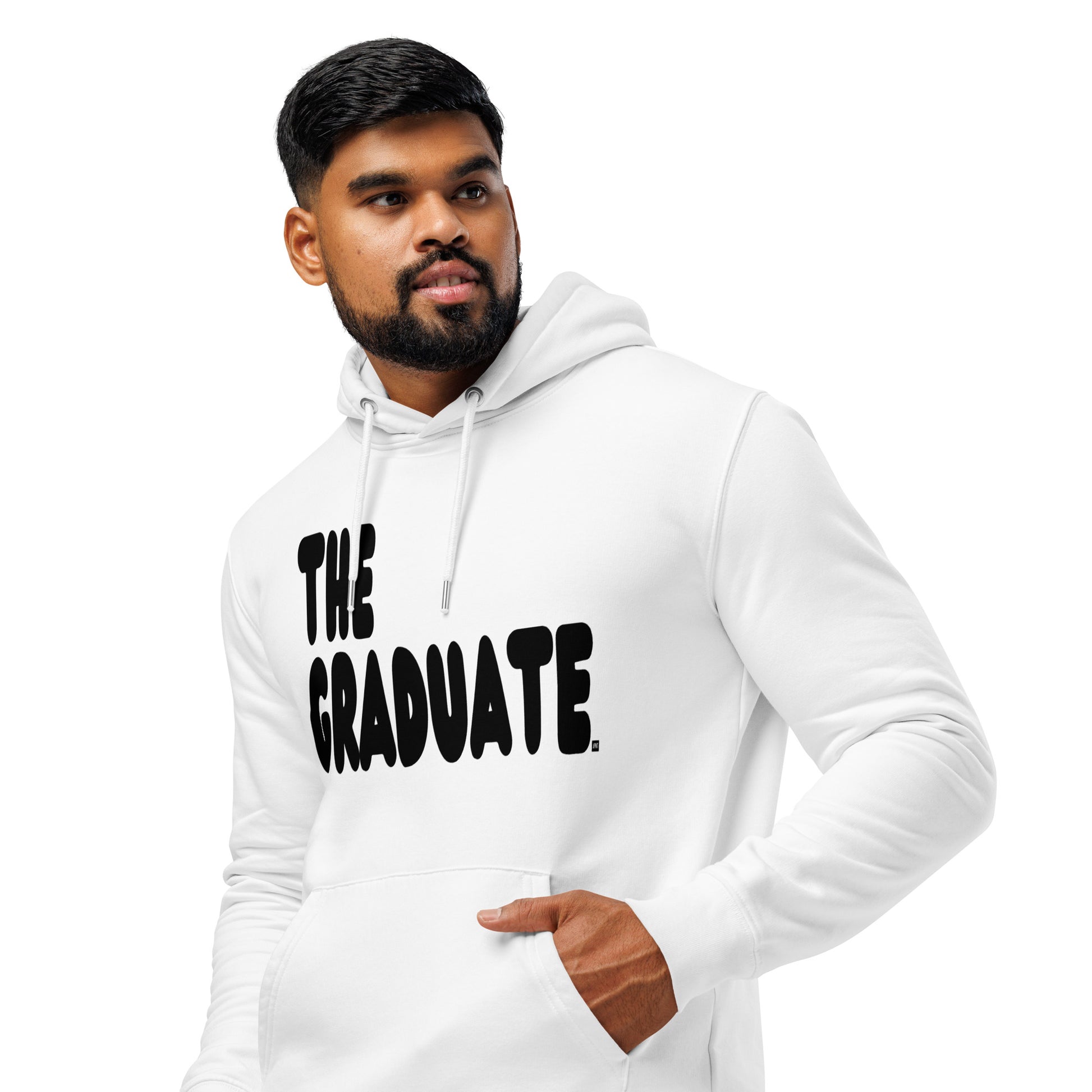 man wearing The Graduate Premium Unisex White Hoodie from the APWT Gift Shop Side