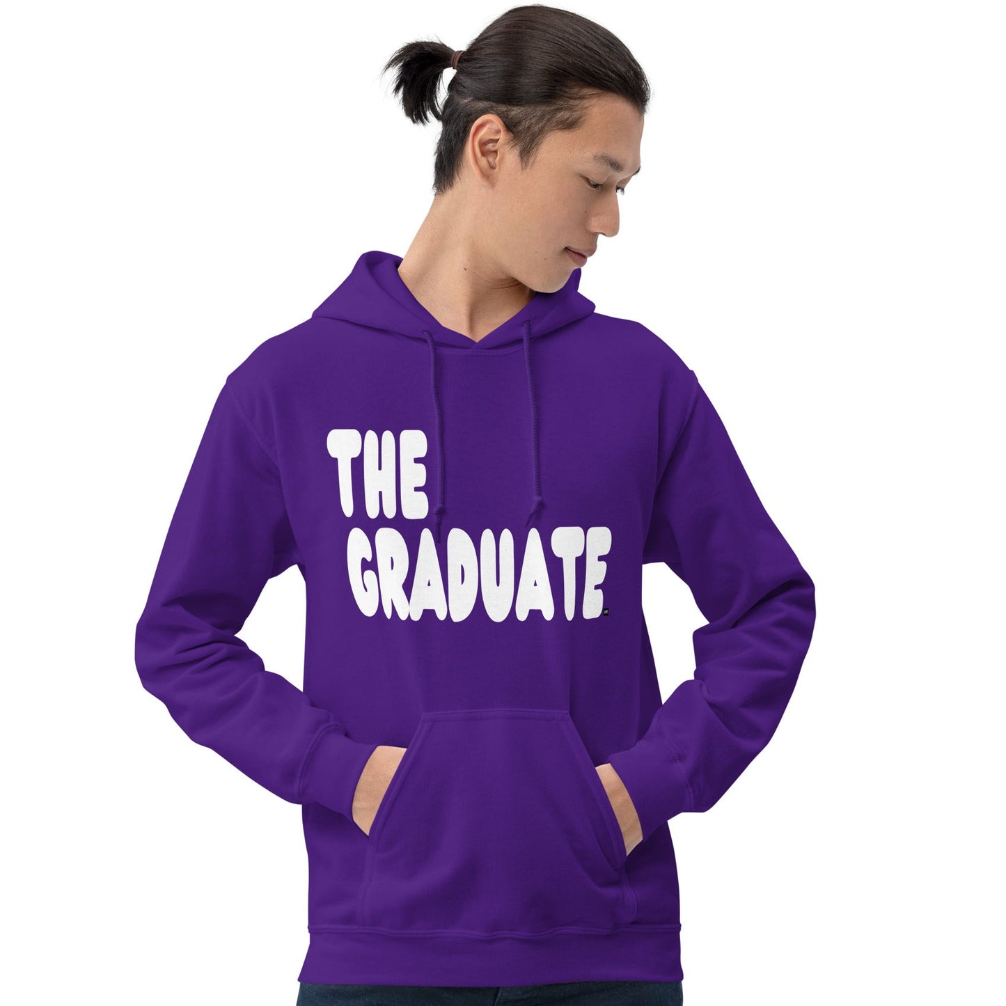 man wearing The Graduate Unisex Hoodie in Purple from the APWT Gift Shop