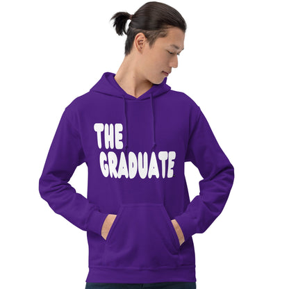 man wearing The Graduate Unisex Hoodie in Purple from the APWT Gift Shop
