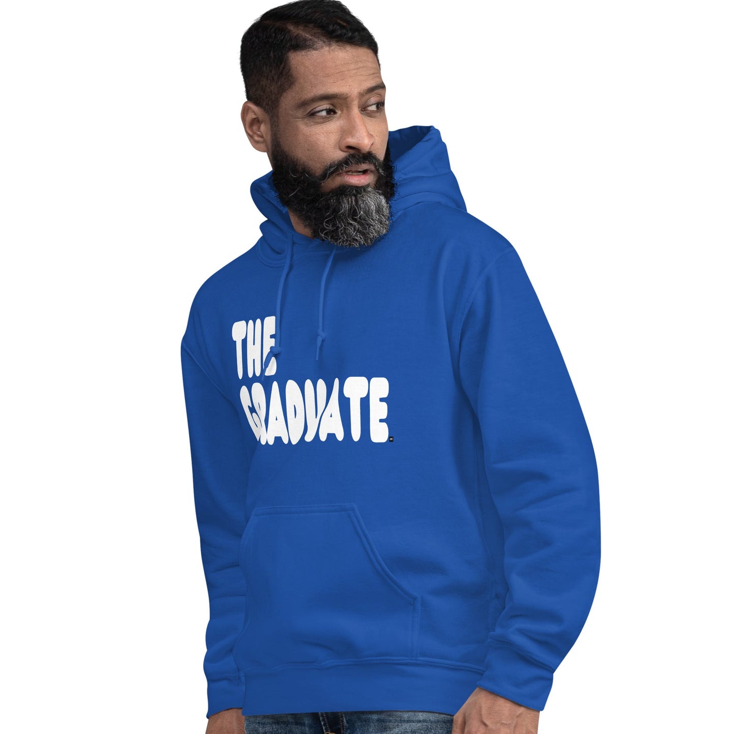 man wearing The Graduate Unisex Hoodie in Royal Blue from the APWT Gift Shop