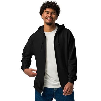 man wearing The Graduate Unisex Zip-Up Hoodie from the APWT Gift Shop in Black Front