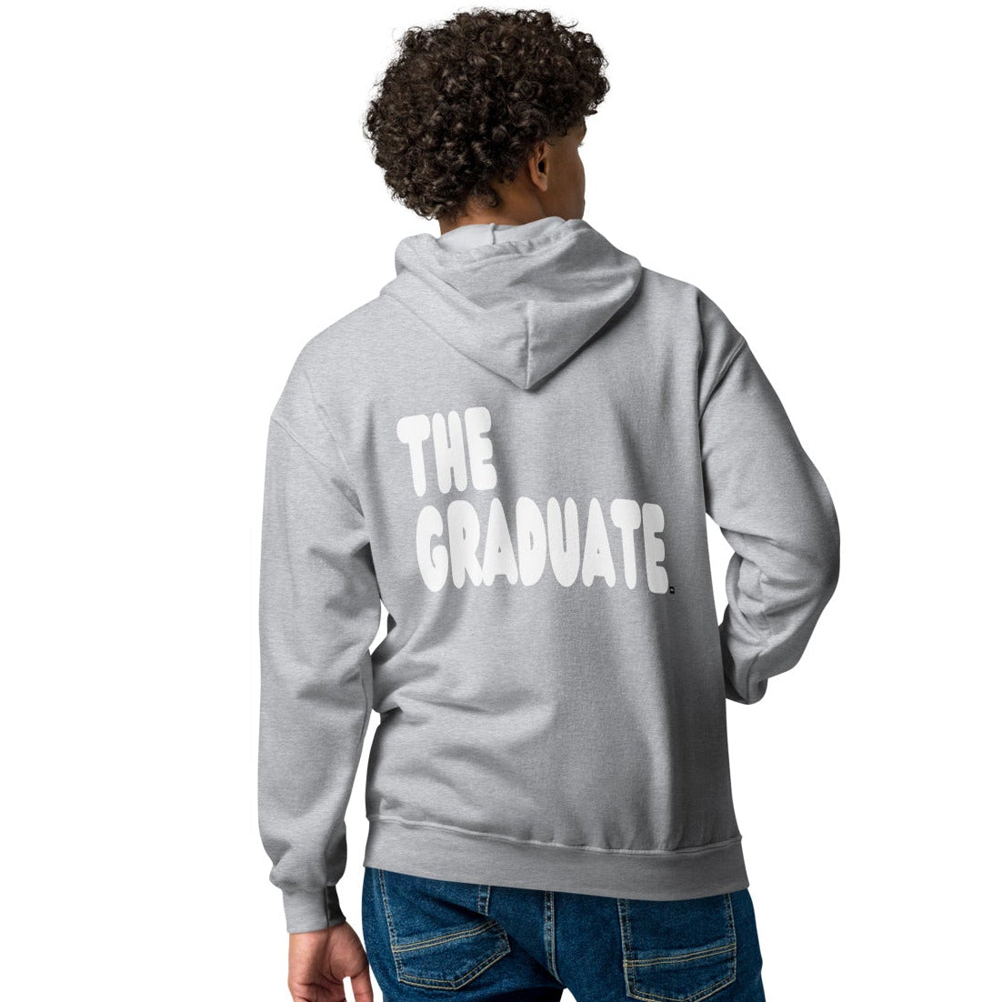 man wearing The Graduate Unisex Zip-Up Hoodie from the APWT Gift Shop in Grey