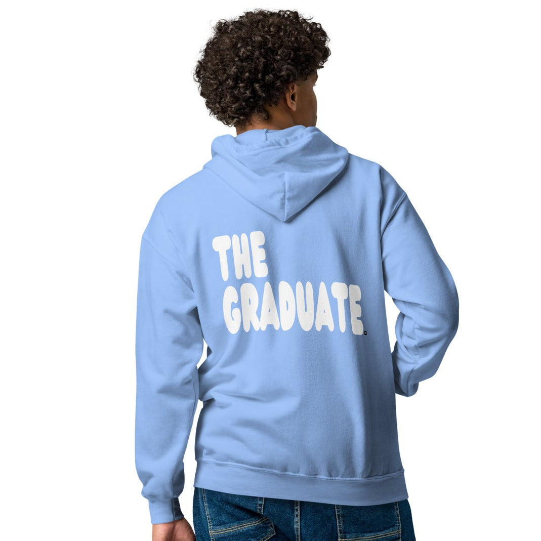 man wearing The Graduate Unisex Zip-Up Hoodie from the APWT Gift Shop in Light Blue