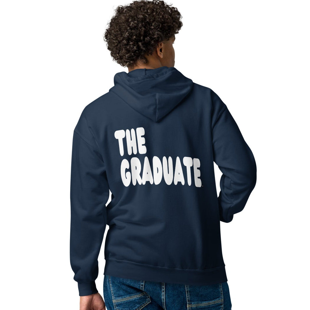 man wearing The Graduate Unisex Zip-Up Hoodie from the APWT Gift Shop in Navy Blue