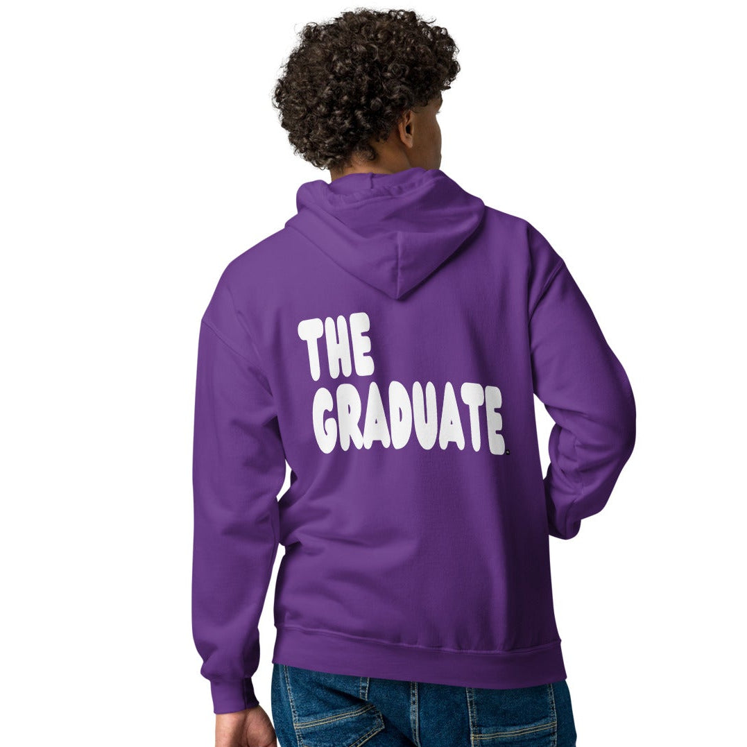 man wearing The Graduate Unisex Zip-Up Hoodie from the APWT Gift Shop in Purple