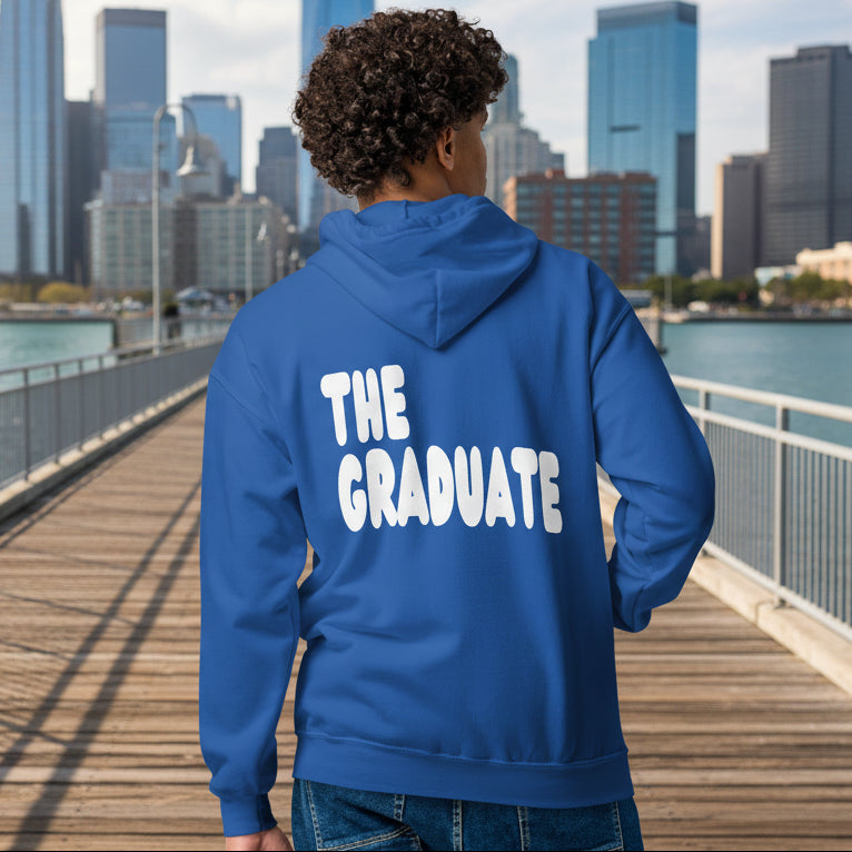 man wearing The Graduate Unisex Zip-Up Hoodie from the APWT Gift Shop in Royal Blue