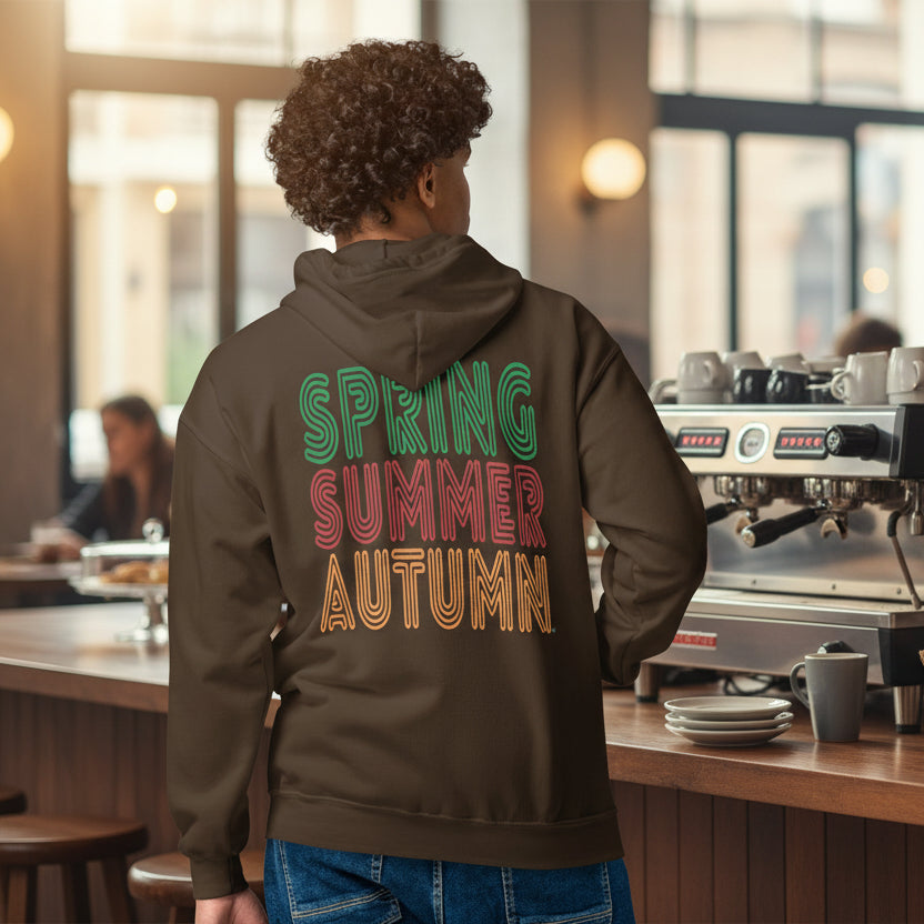 man wearing The Spring into Summer Unisex Zip-Up Hoodie in Brown from the APWT Gift Shop