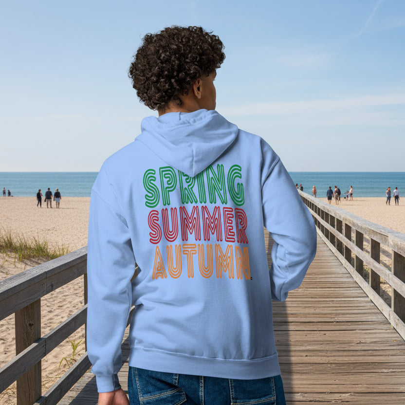 man wearing The Spring into Summer Unisex Zip-Up Hoodie in Light Blue from the APWT Gift Shop