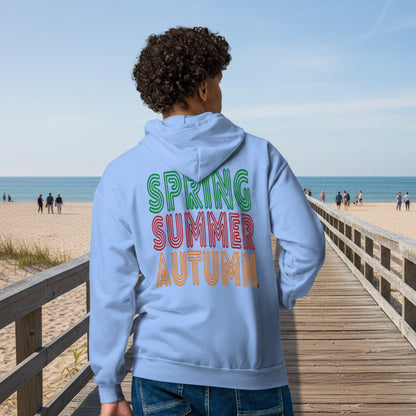 man wearing The Spring into Summer Unisex Zip-Up Hoodie in Light Blue from the APWT Gift Shop